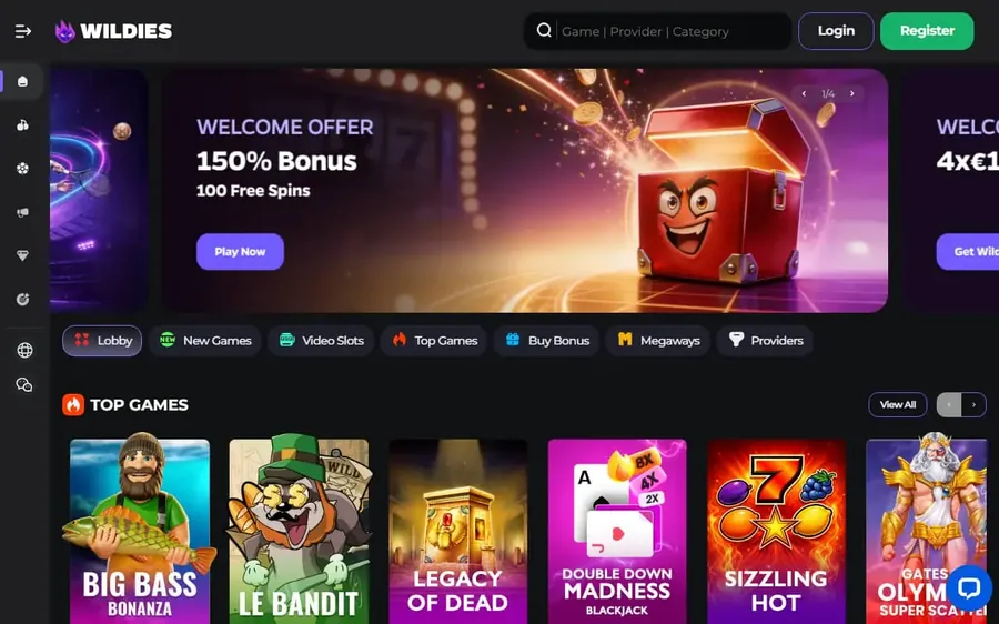 Wildies casino lobby with welcome offer banner and top games